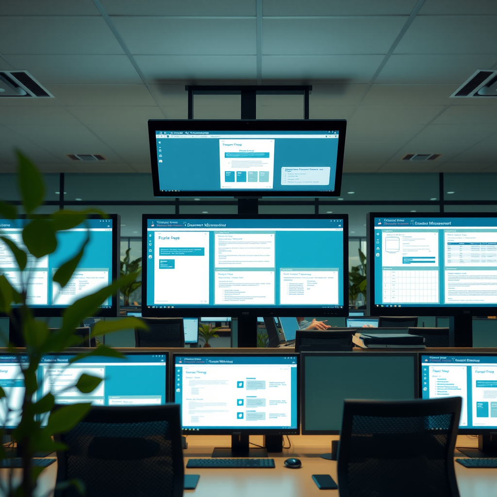 Modern office workspace with multiple digital screens displaying document management interfaces, templates, and digital forms, representing the transformation of traditional paper-based workflows