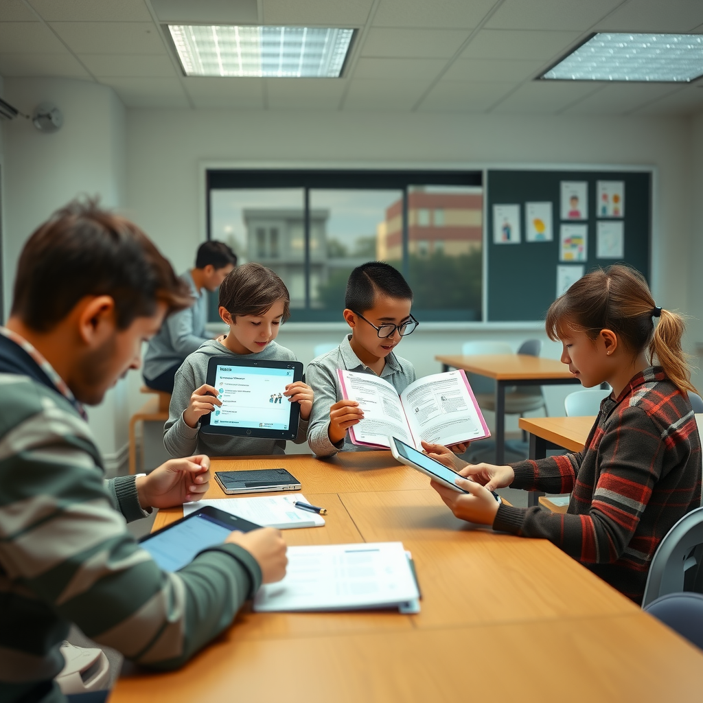 Modern classroom scene showing students working with both digital tablets and printed educational materials, demonstrating the integration of digital and printable learning resources