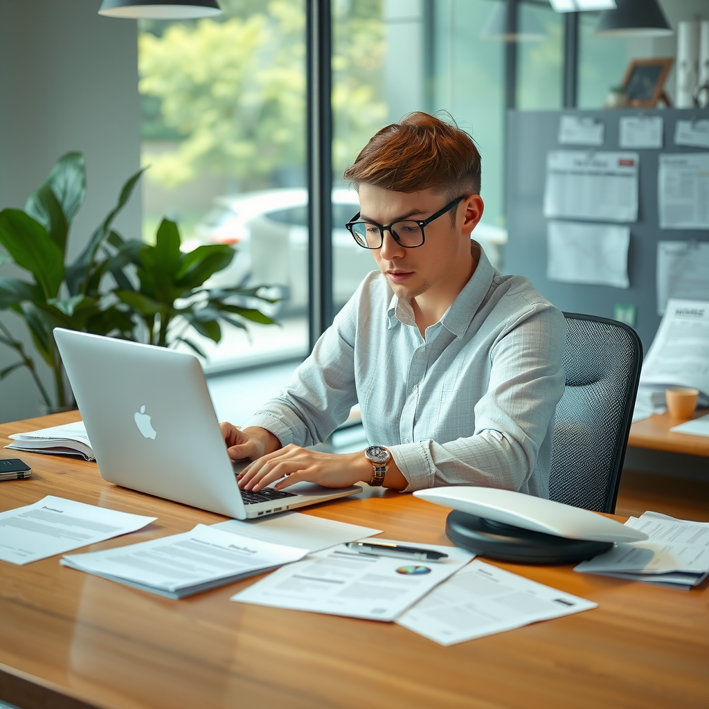 Small business owner working at desk with laptop open, surrounded by professional documents and template printouts, modern office setting with natural lighting