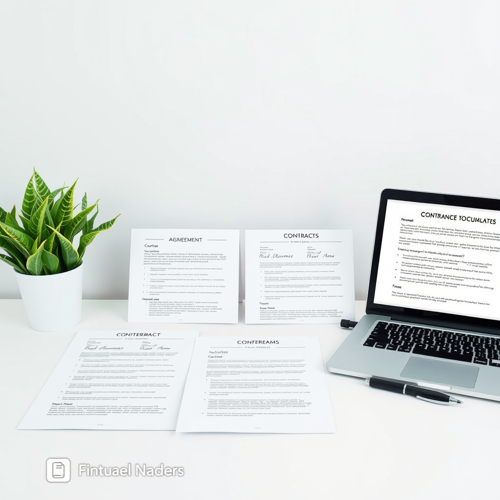 Professional document templates including contracts, agreements, letters and business forms displayed on a clean desk with a laptop and pen