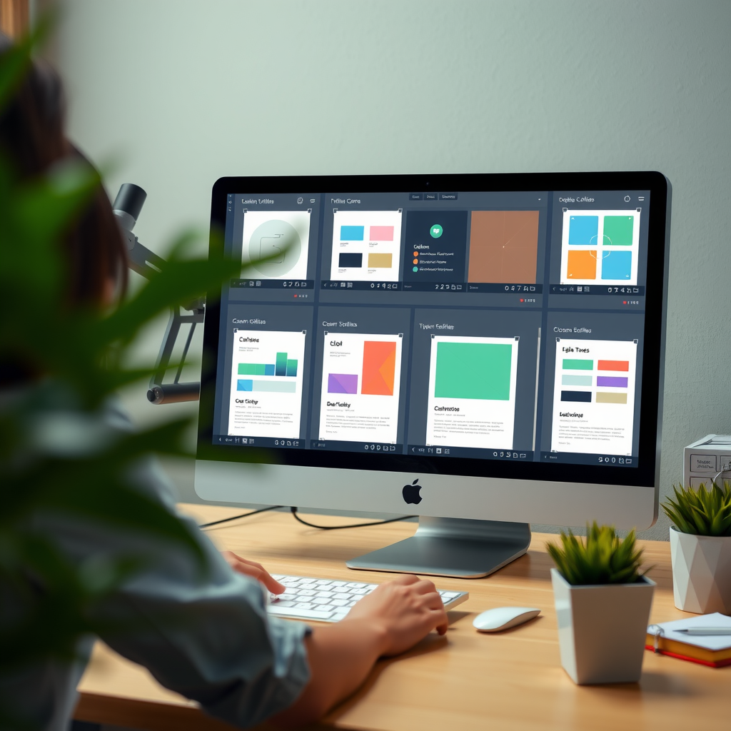 Professional designer working on custom document templates with various design elements, color schemes, and typography options displayed on computer screen