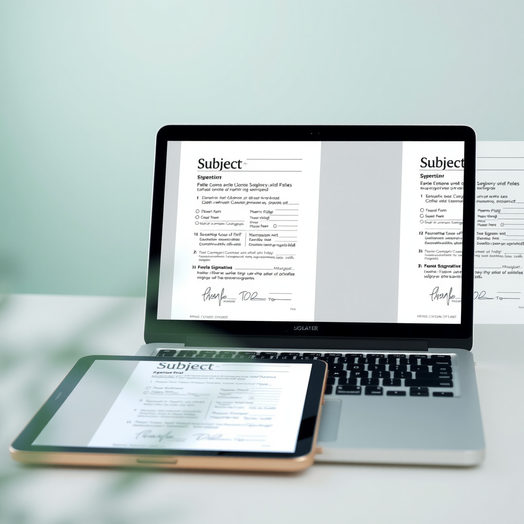 Interactive PDF documents displayed on tablet and laptop screens showing fillable forms and digital signatures