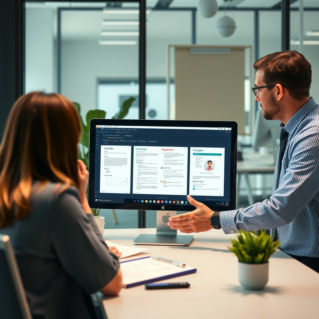 Professional consultant reviewing document templates on computer screen with client in modern office setting