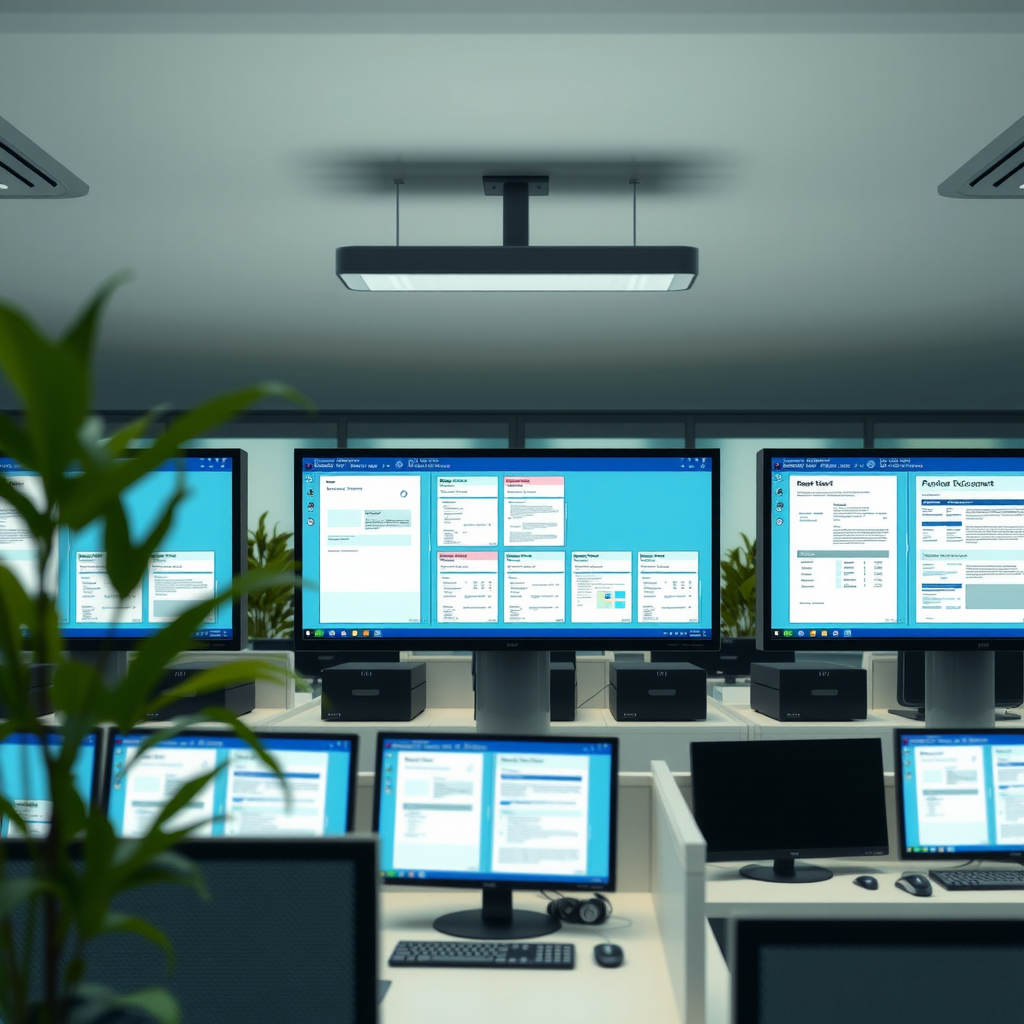 Modern office workspace with digital documents displayed on multiple screens, showing document management software interface with templates and forms organized in a clean, professional environment