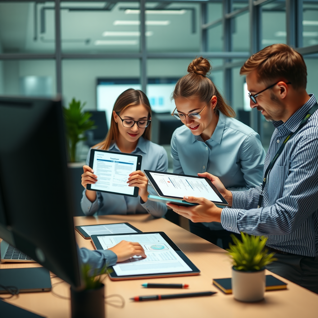 Business professionals collaborating while using digital document templates on tablets and computers in a modern office environment