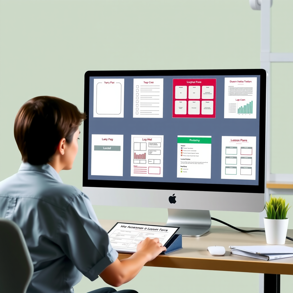 Educator working at a computer screen showing various educational template designs including worksheets, assessment forms, and lesson plan layouts