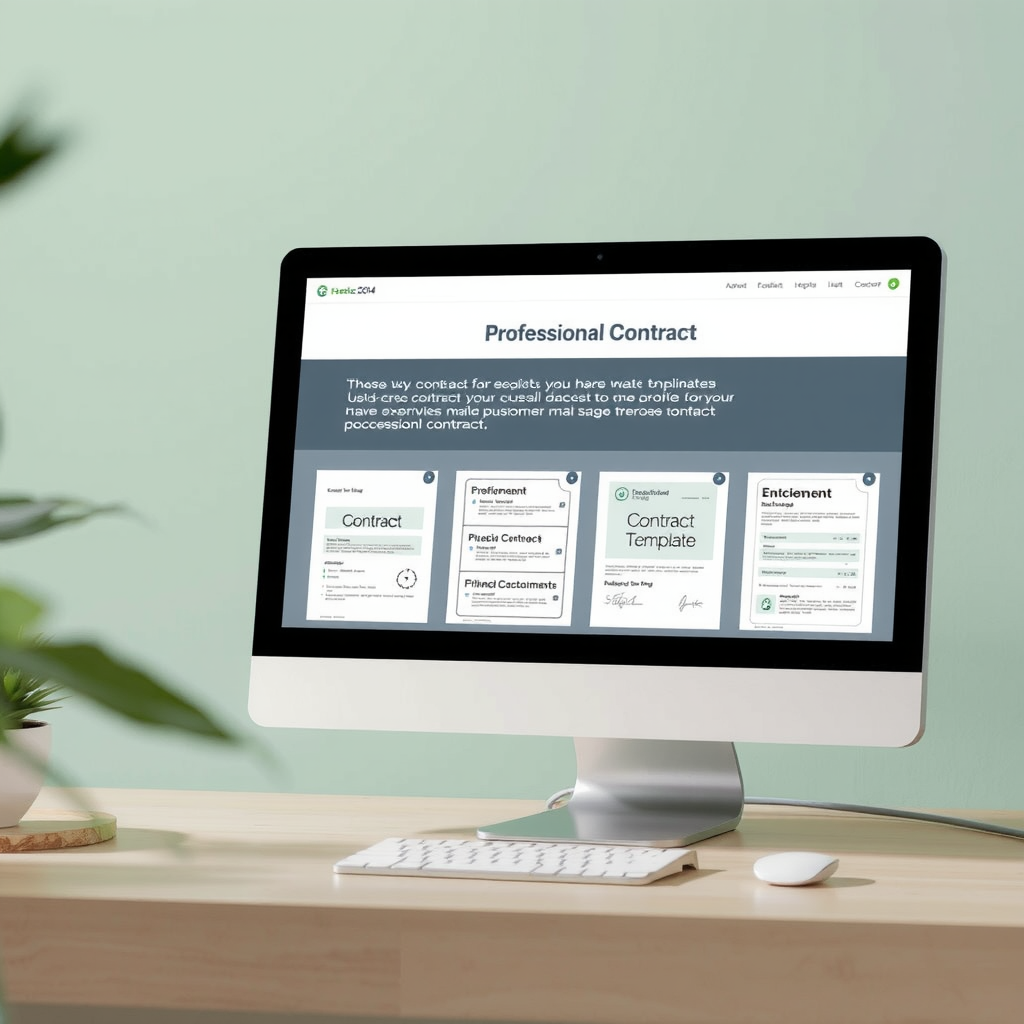 Computer screen displaying professional contract templates with clean layouts and organized sections, showing various business document formats