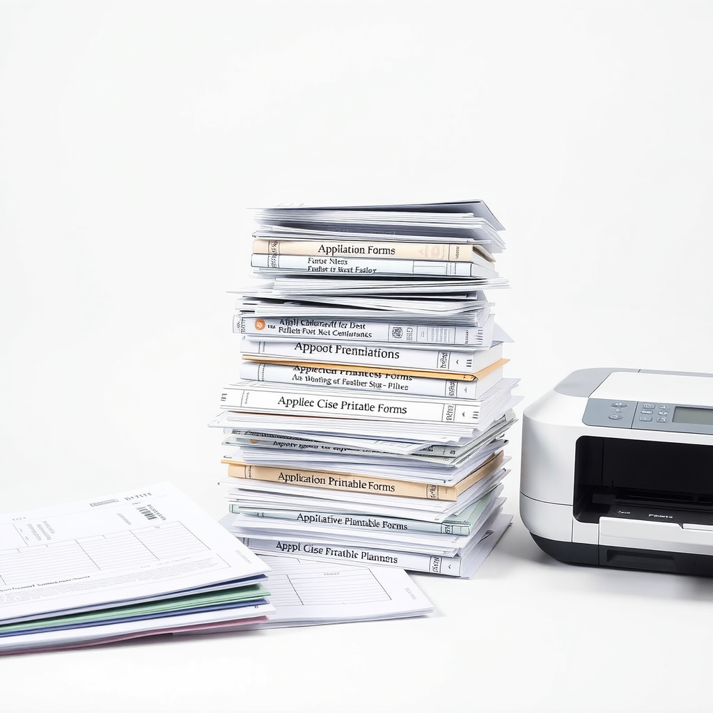 Stack of printable forms including applications, checklists, and planners arranged neatly on a white background with a printer nearby