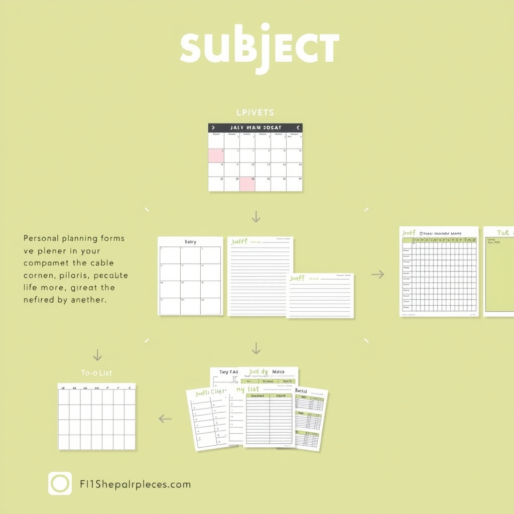 Personal planning forms including calendars, to-do lists, and goal tracking sheets