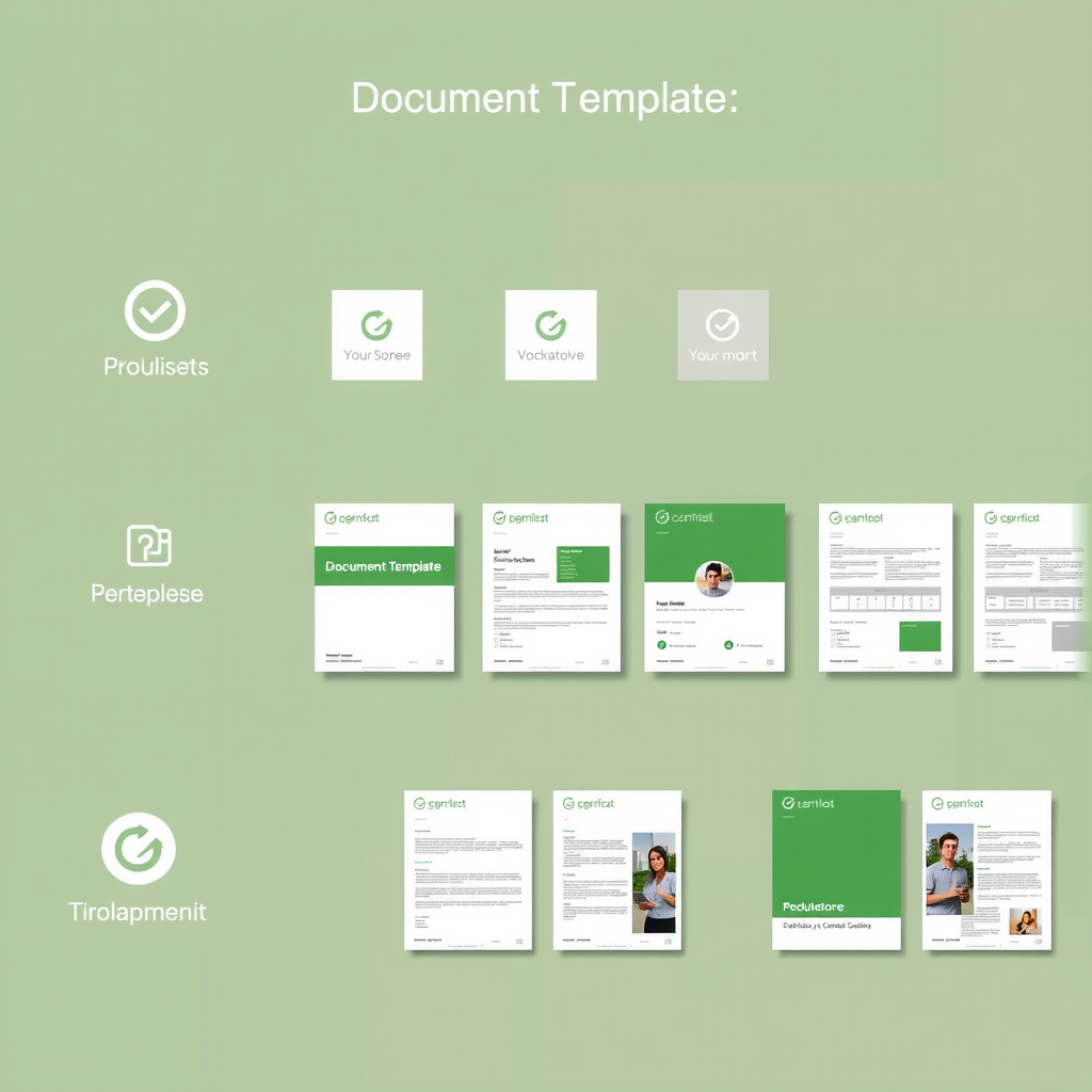 Multiple document templates showing consistent branding elements including logos, color schemes, fonts, and layout designs across different document types