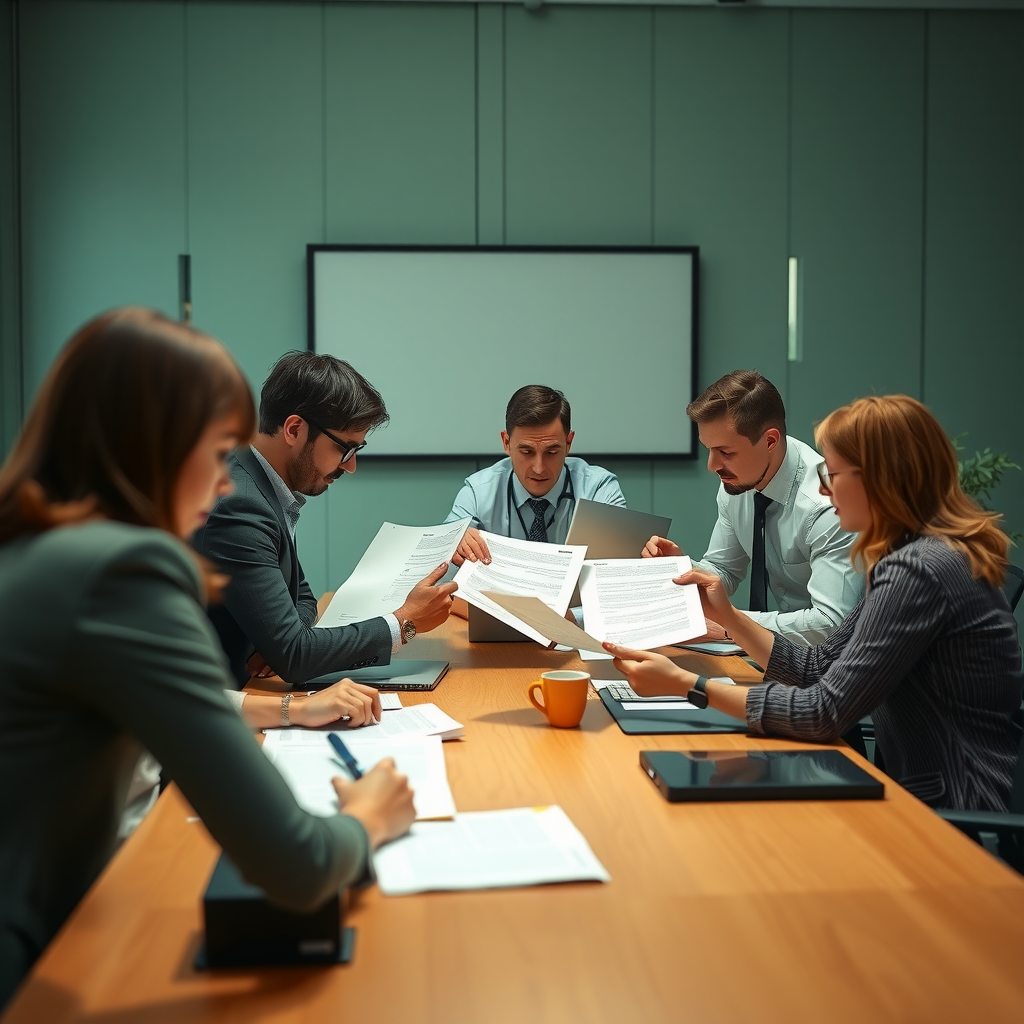 Business professionals collaborating on document templates in conference room