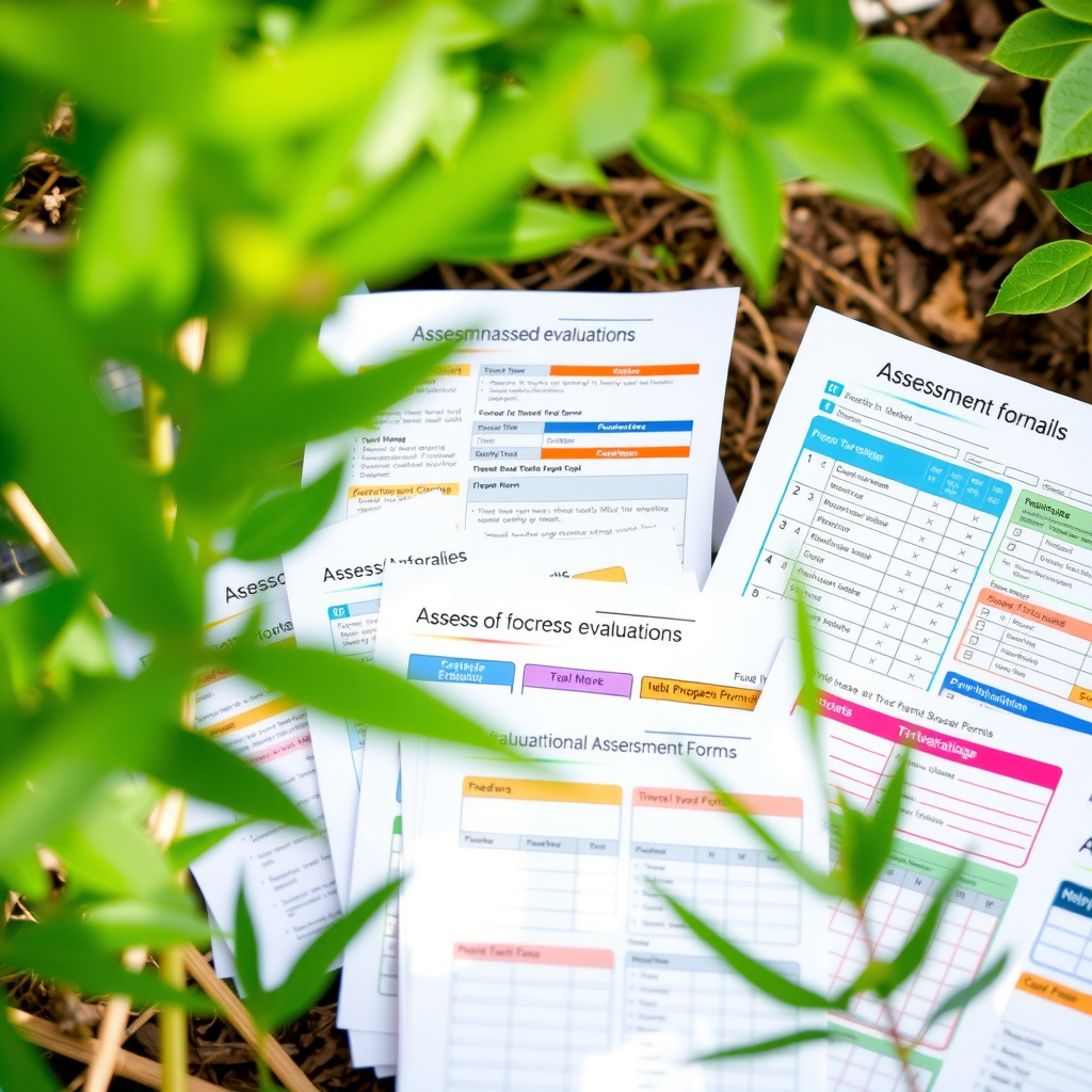 Collection of printed educational assessment materials including rubrics, evaluation forms, and progress tracking sheets with colorful, professional design elements