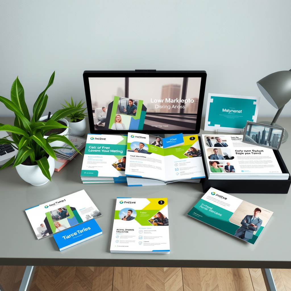 Collection of professional marketing materials including brochures, business cards, and flyers created using templates, arranged on modern desk