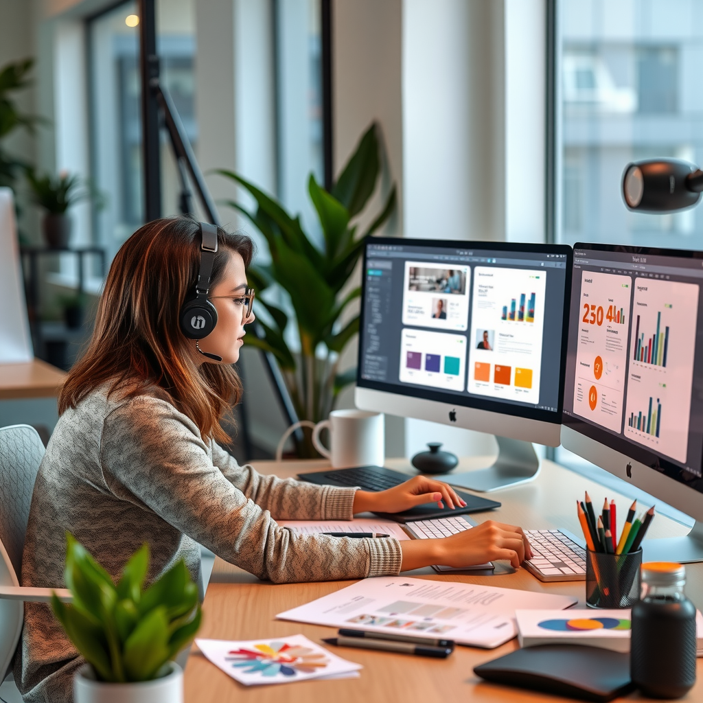 Designer working on custom document templates at a modern workspace with design tools, color swatches, and multiple screen displays showing template layouts