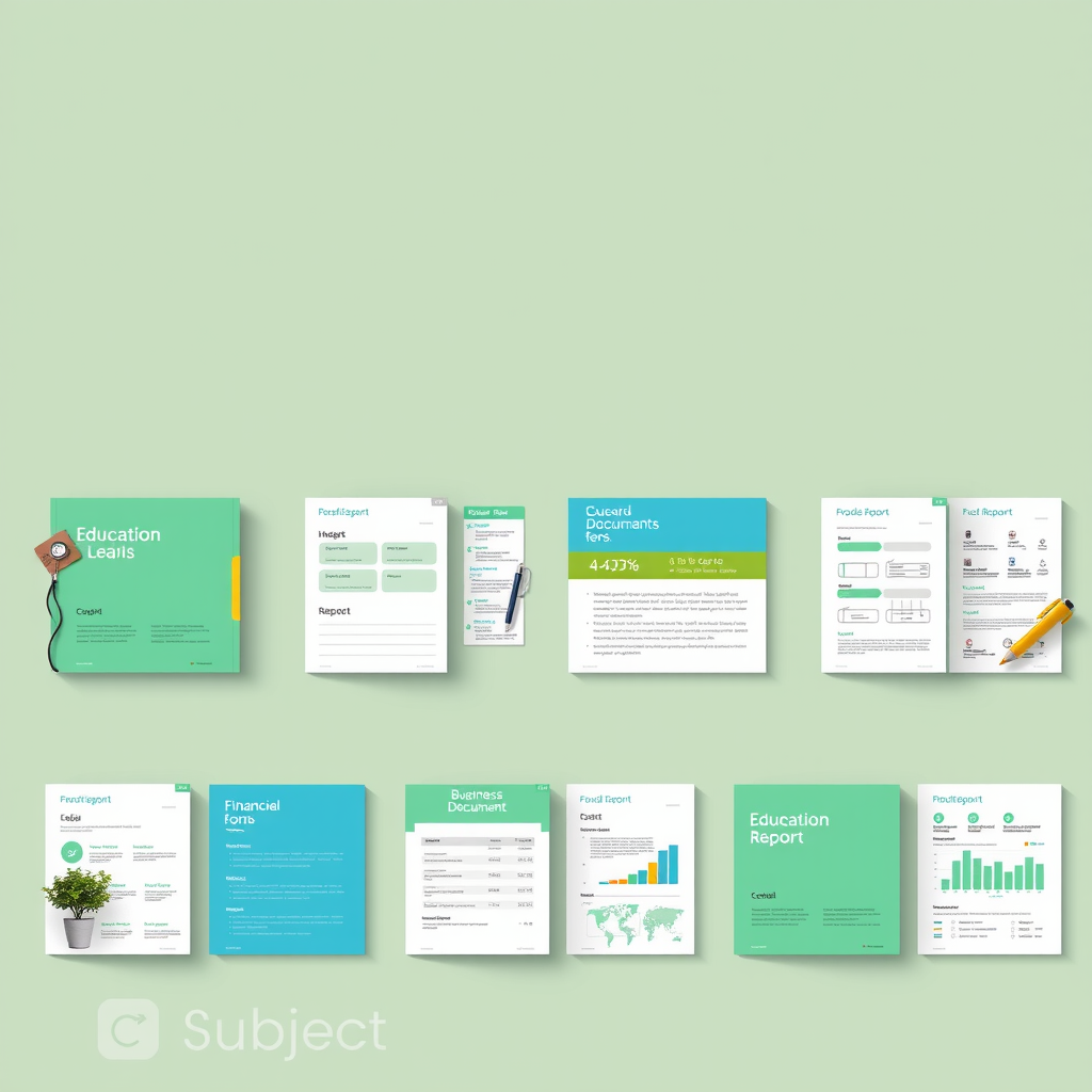 Various industry-specific document templates including medical forms, educational materials, financial reports, and business documents arranged in a professional layout
