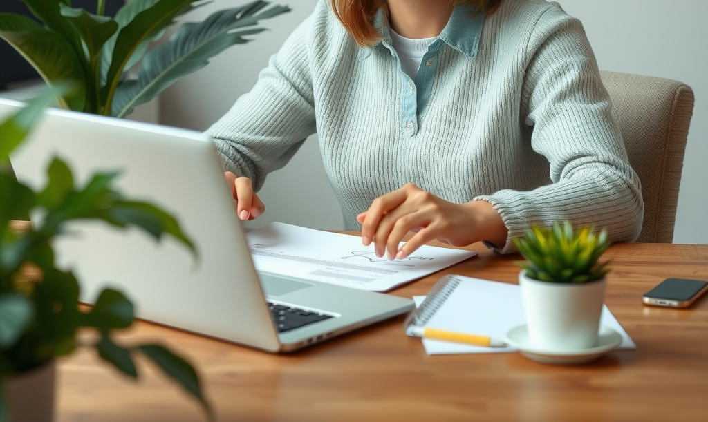 Satisfied client working efficiently with customized document templates on laptop