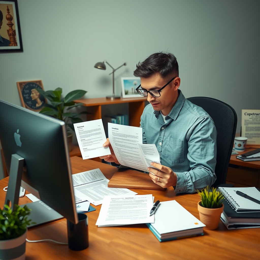Small business owner working at desk with various professional documents, contracts, and marketing materials created from templates, showing a organized home office setup with computer displaying document creation software