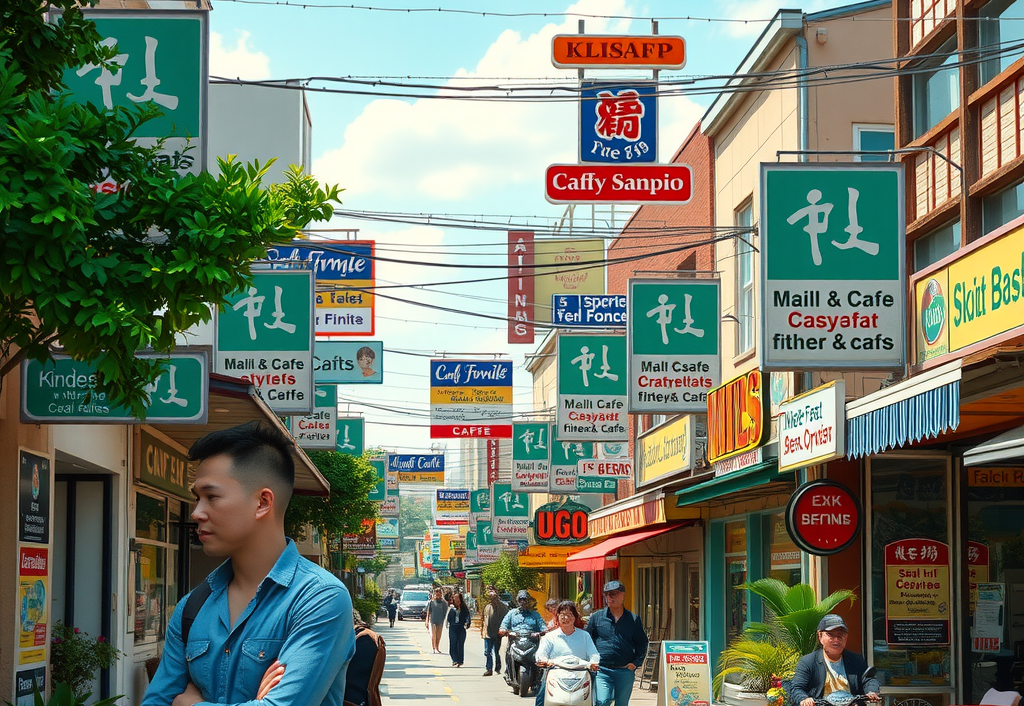 Vibrant local business district showing various small shops and cafes with professional signage and marketing materials, busy street scene with entrepreneurs