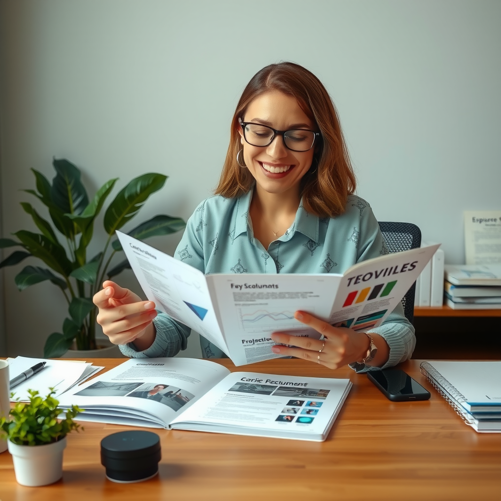 Satisfied business professional reviewing beautifully designed custom documents and templates on desk, showing successful implementation of branded materials