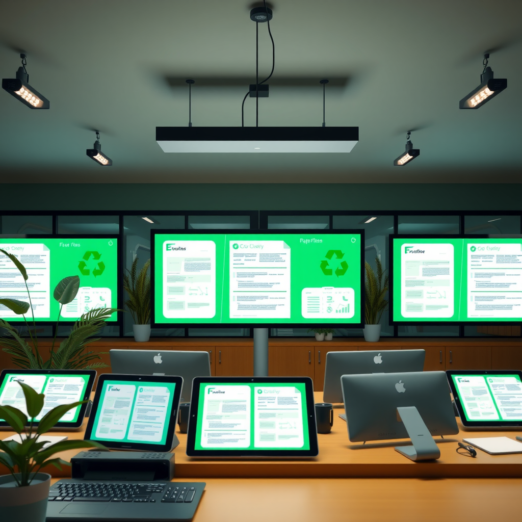 Modern paperless office environment with digital documents displayed on multiple screens and tablets, showing eco-friendly workspace