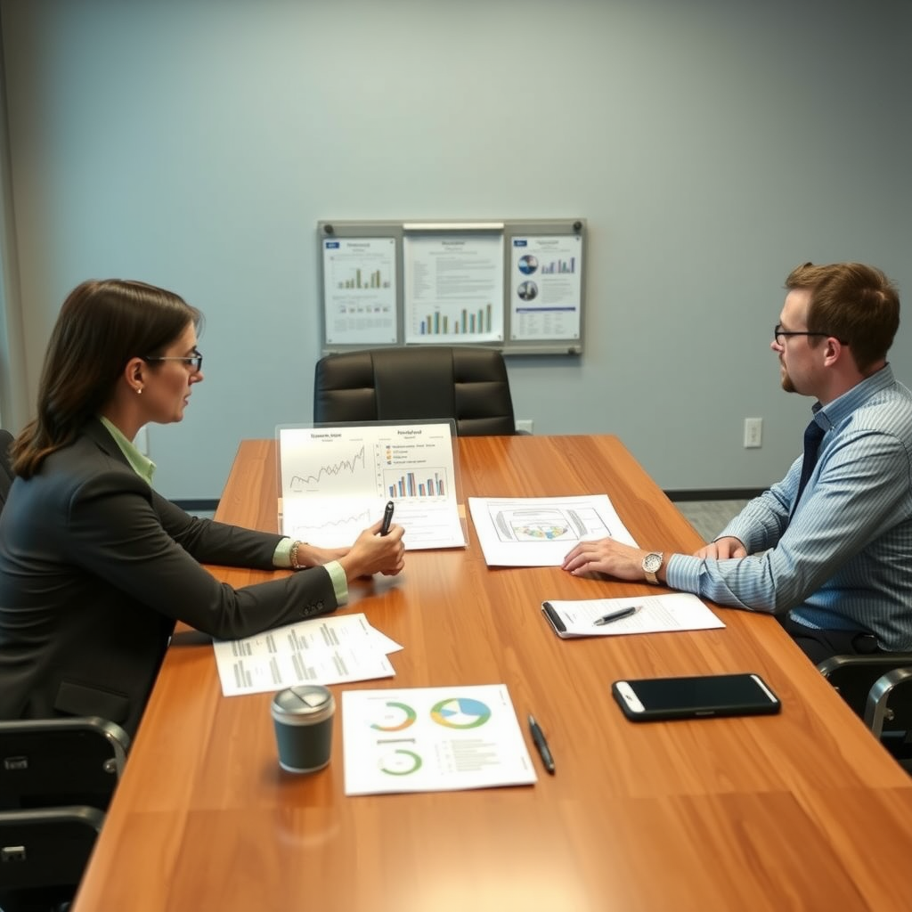 Professional consultant meeting with client at a conference table discussing document templates and workflow optimization with charts and sample documents visible