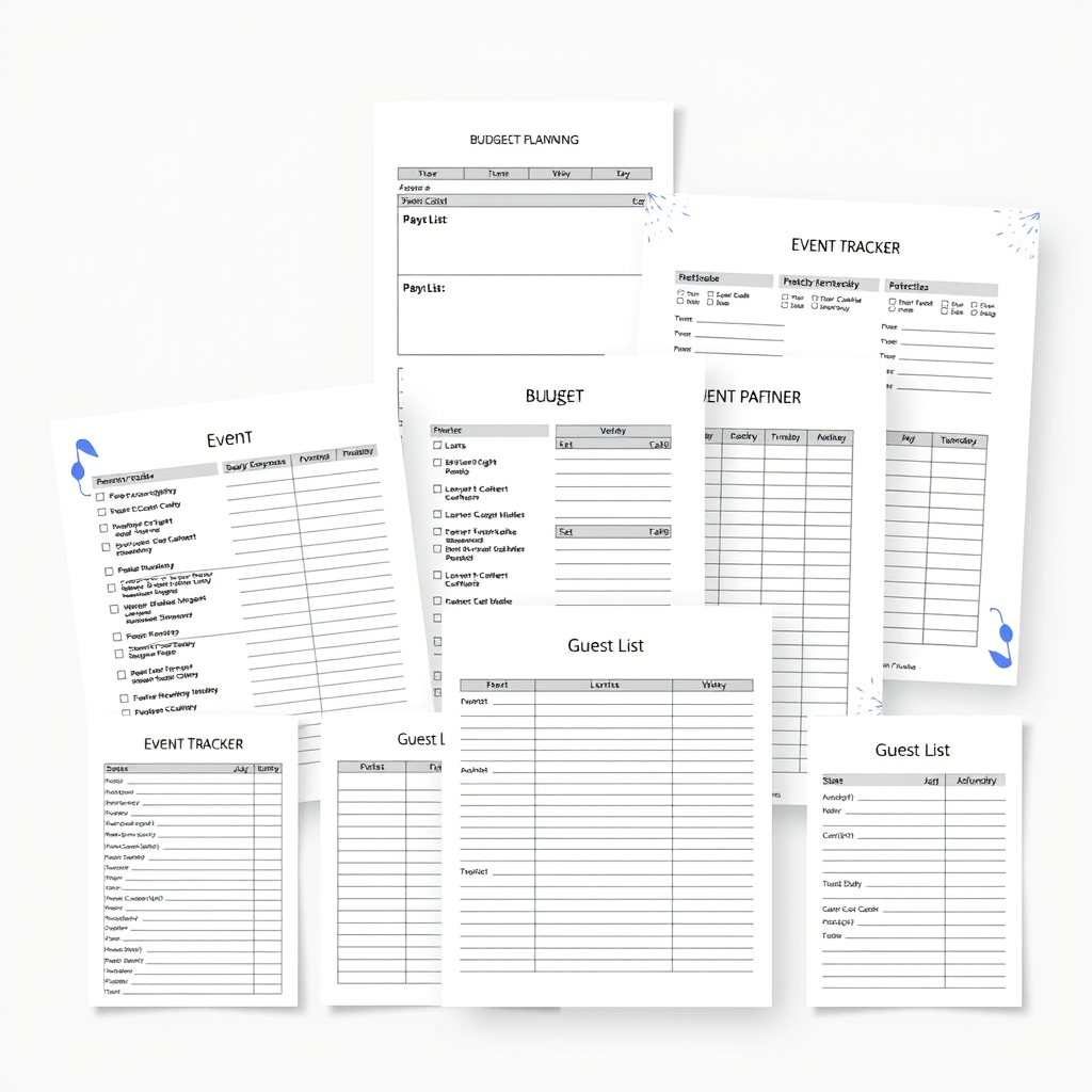 Event planning forms including checklists, budget trackers, and guest lists for organizing events